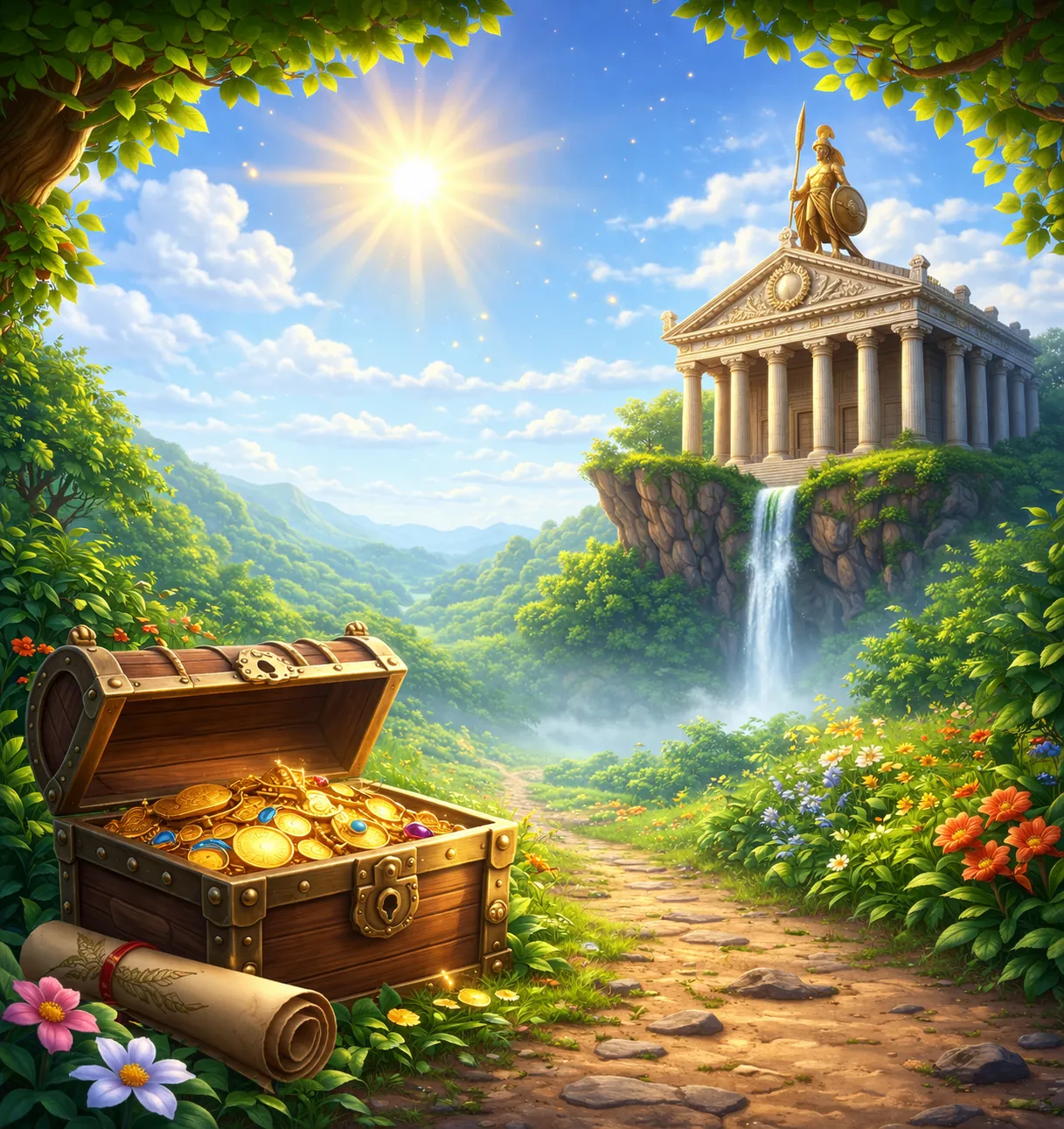 An illustrated fantasy landscape of the MinervaSpring learning worlds