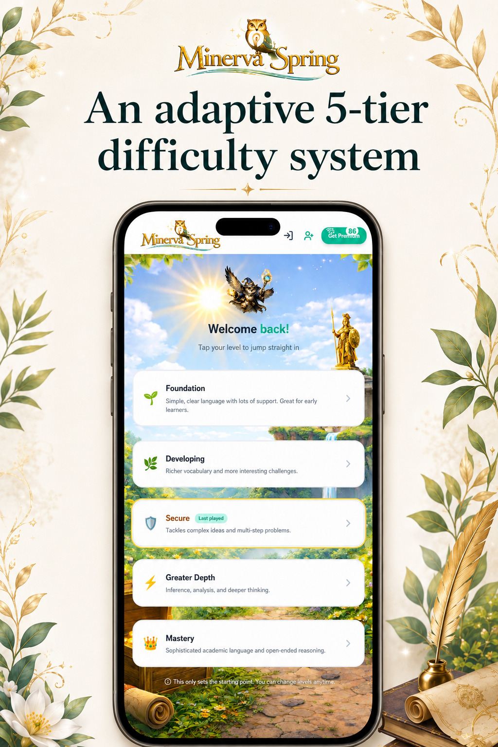 MinervaSpring — adaptive 5-tier difficulty system