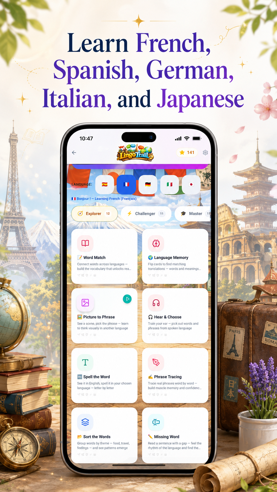 LingoTrail — learn French, Spanish, German, Italian, and Japanese