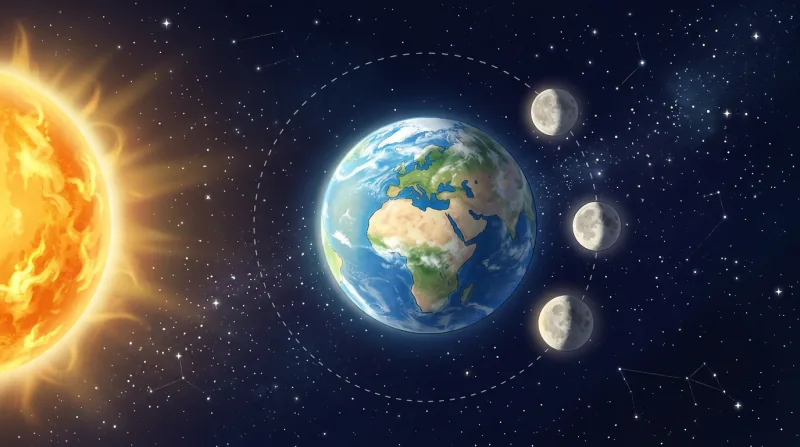Illustration of the Earth, Sun and Moon, showing how sunlight creates the Moon's phases