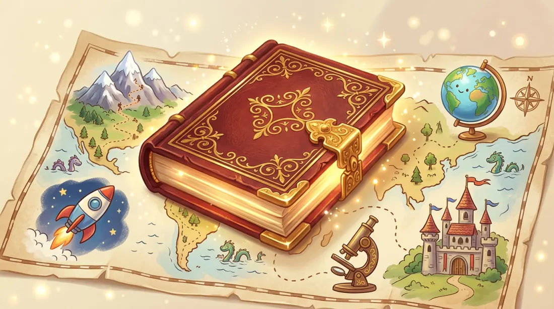 An illustrated Learning Journey book on a map connecting space, science, history and geography worlds
