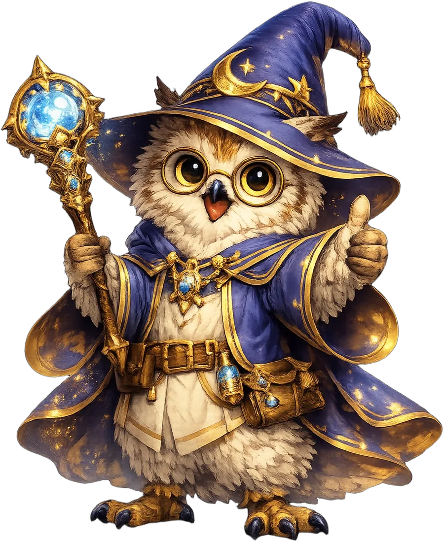 Quillow, the MinervaSpring owl wizard, giving a friendly thumbs up